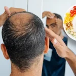 مردی که ریزش موی خود را بررسی می‌کند در کنار تصویر غذاهای مناسب رژیم فستینگ